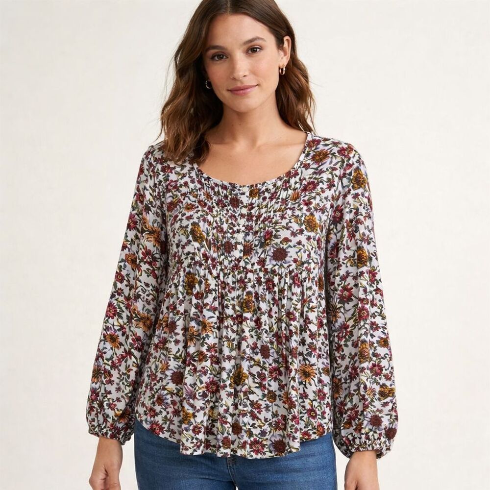 Jane & Delancey Ditsy Floral Pintuck Babydoll Top Womens XL Relaxed Boho Rayon